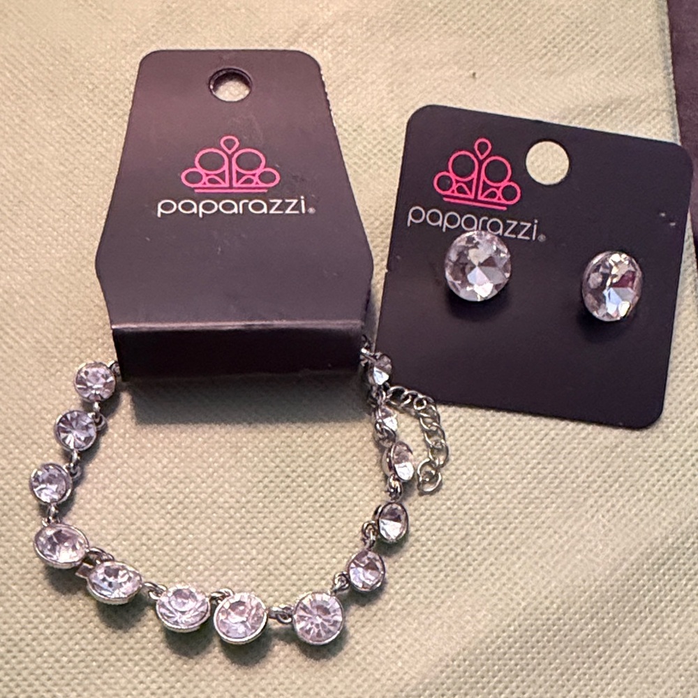 paparazzi Silver Clear Crystal Tennis Bracelet and Stud Earrings